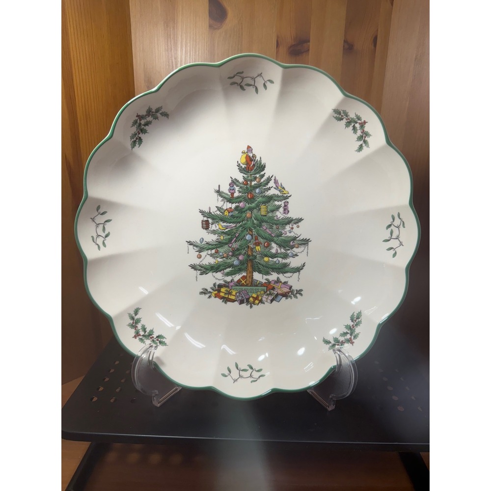 Spode Christmas Tree Scalloped Serving Bowl 12" Made in England Holiday Platter